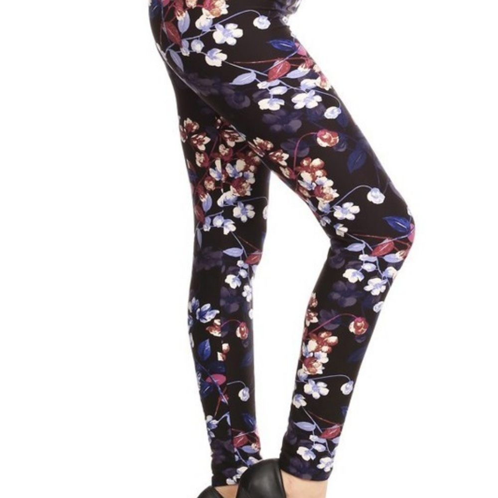 New Black floral purple blue high waisted leggings - Picture 3 of 7